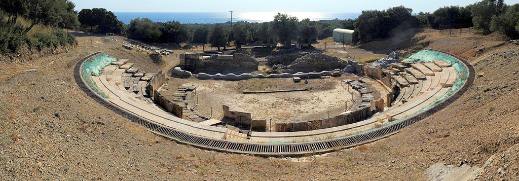 Ancient Greek theater Marwneia Rhodope Greece panoramic
