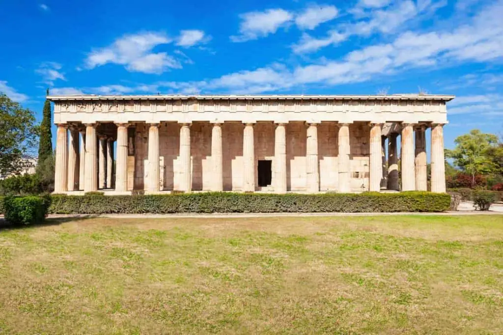 The temple of Hephaestus or Hephaisteion (also Hephesteum) a well-preserved Dorian Greek temple, at the north-west side of the Agora of Athens, Greece